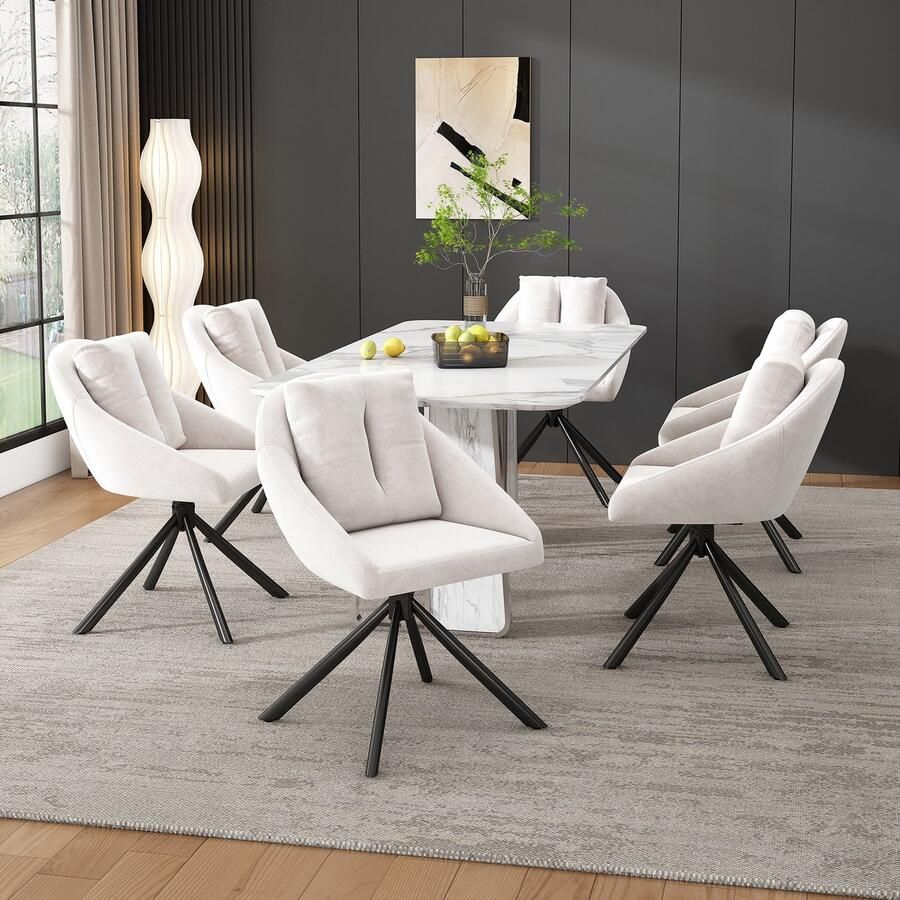 Sweiko Moderne Beige Fluwelen Stoel 6-sets Geschikt voor 360° rotatie Stijlvolle en comfortabele roterende eetkamerstoel ademende fluwelen stof ergonomisch ontwerp elegante Beige roterende stoel