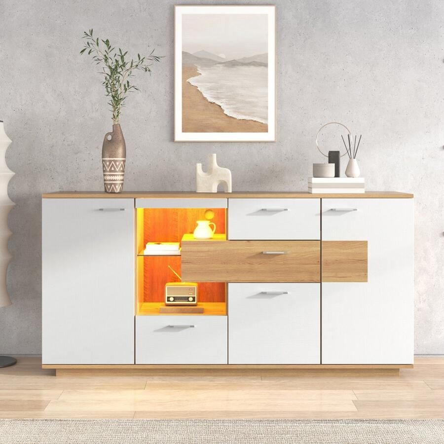 Sweiko Moderne dressoir kast met veel opbergruimte met LED verlichting 160x40x77cm 2 deuren 4 laden glazen plank houten look wit woonkamer meubels organizer commode multifunctionele kast