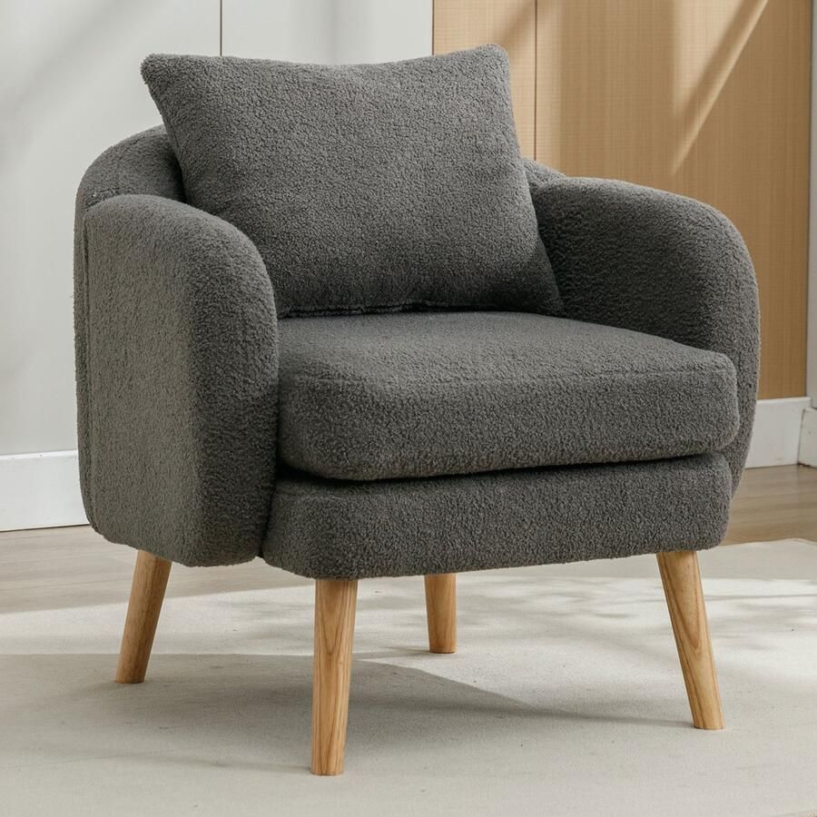 Sweiko Moderne eenvoudige teddy fluwelen fauteuil met kussen extra dikke kussen fauteuil enkele sofa fauteuil gewatteerde fauteuil vrijetijdsstoel massief houten beenstoel