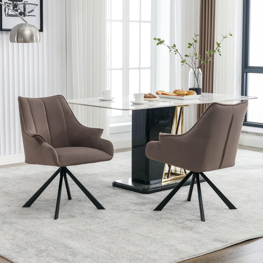 Sweiko Moderne Fluwelen Naadde Eetkamerstoel (Set 2pcs) kan 360°roteren met Armleuning Woonkamerstoelen Metalen Benen Fluwelen Zittingen Koffiekleur