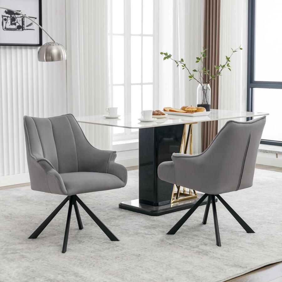 Sweiko Moderne Fluwelen Naadde Eetkamerstoel (Set 2pcs) kan 360°roteren met Armleuning Woonkamerstoelen Metalen Benen Fluwelen Zittingen Grijs