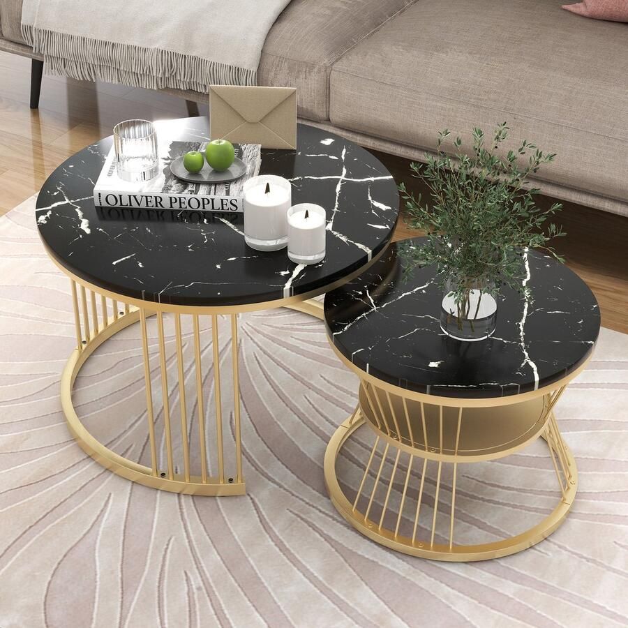 Sweiko Moderne Geneste Salontafel set met marmerfineer sofa side geneste tafel ronde bijzettafel 2-delig gouden frame