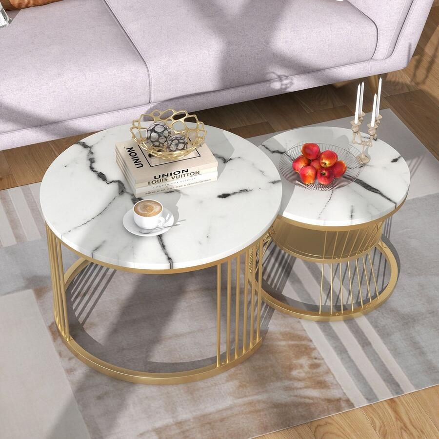 Sweiko Moderne geneste salontafel set met marmerfineer sofa side geneste tafel ronde bijzettafel 2 sets Gouden frame