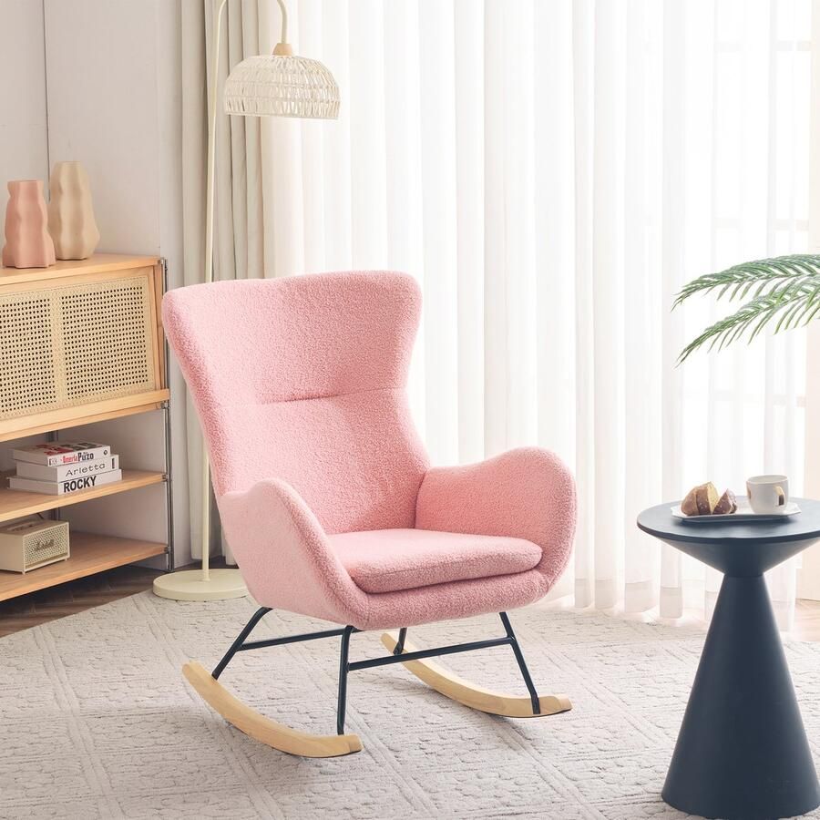 Sweiko Moderne hoge rug vrije tijd schommelstoel Teddy fluweel schommelstoel woonkamer fauteuil vrije tijd stoel moeder's stoel comfortabel kussen