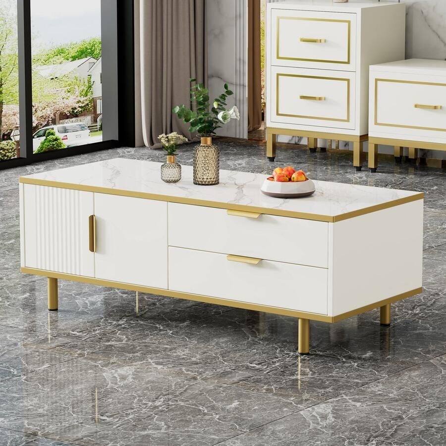 Sweiko Moderne hoogglans salontafel met laden Luxe golfkarton salontafel Sofa tafel woonkamer tafel marmer patroon tafelblad gouden metalen decoratie Wit