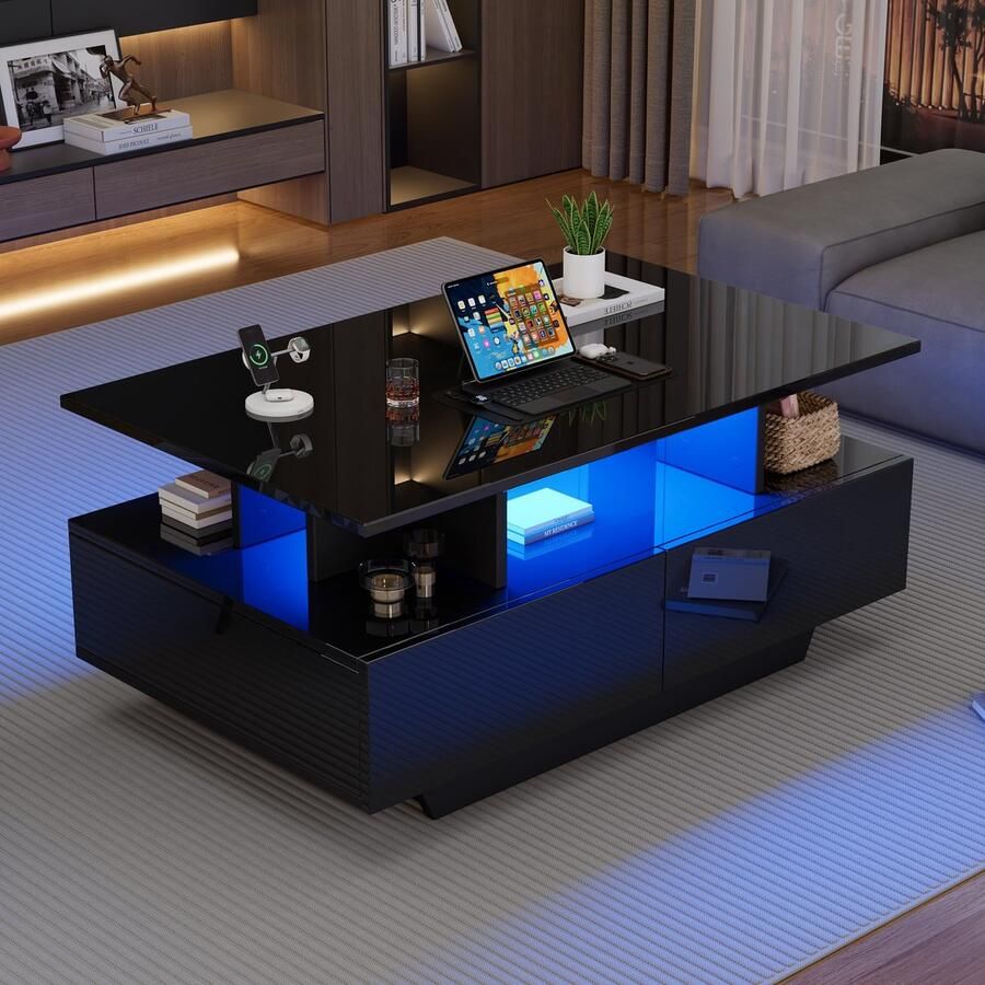 Sweiko Moderne hoogglans salontafel met LED-verlichting en 2 laden 90x55x41 cm belastbaar tot 30 kg zwart