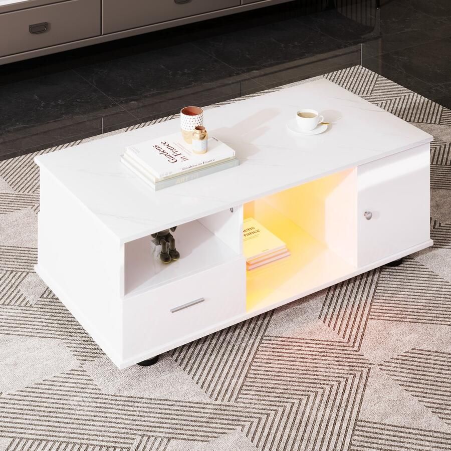 Sweiko Moderne LED hoogglans Salontafel met 2 lades kleurencombinatie Wit