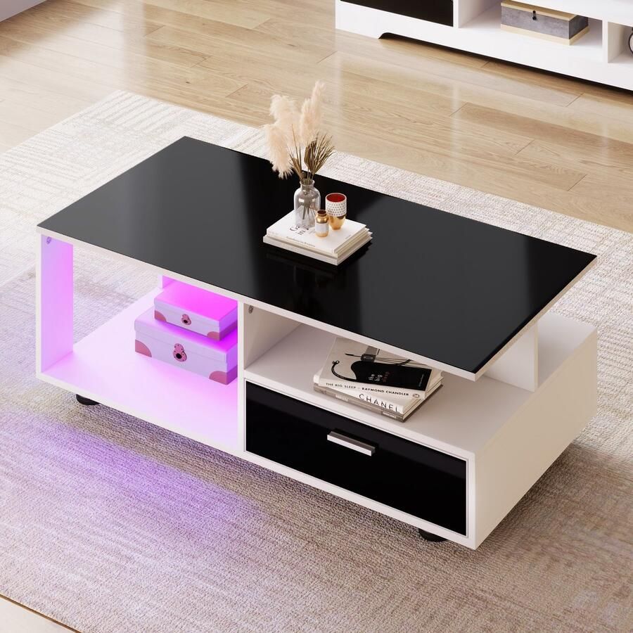 Sweiko Moderne LED hoogglans Salontafel met 2 lades kleurencombinatie Zwart en wit
