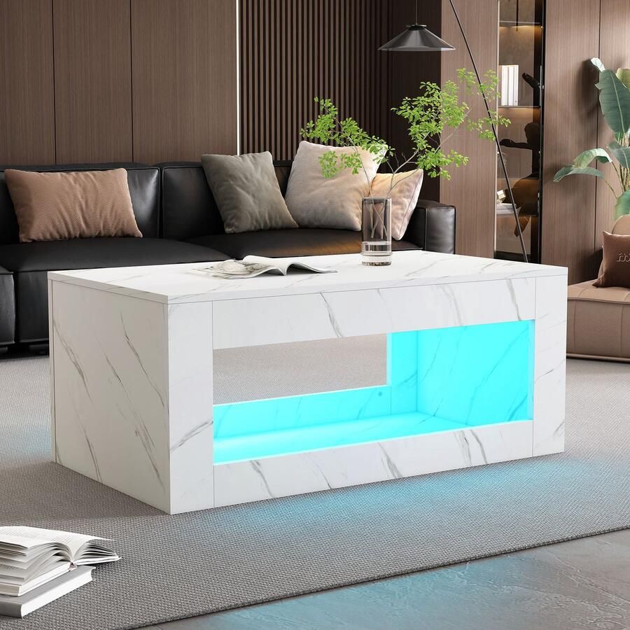 Sweiko Moderne LED Salontafel Woonkamer salontafel Sofa tafel woonkamer tafel hoogglans salontafel met afstandsbediening marmer gedrukte grote salontafel (Wit)