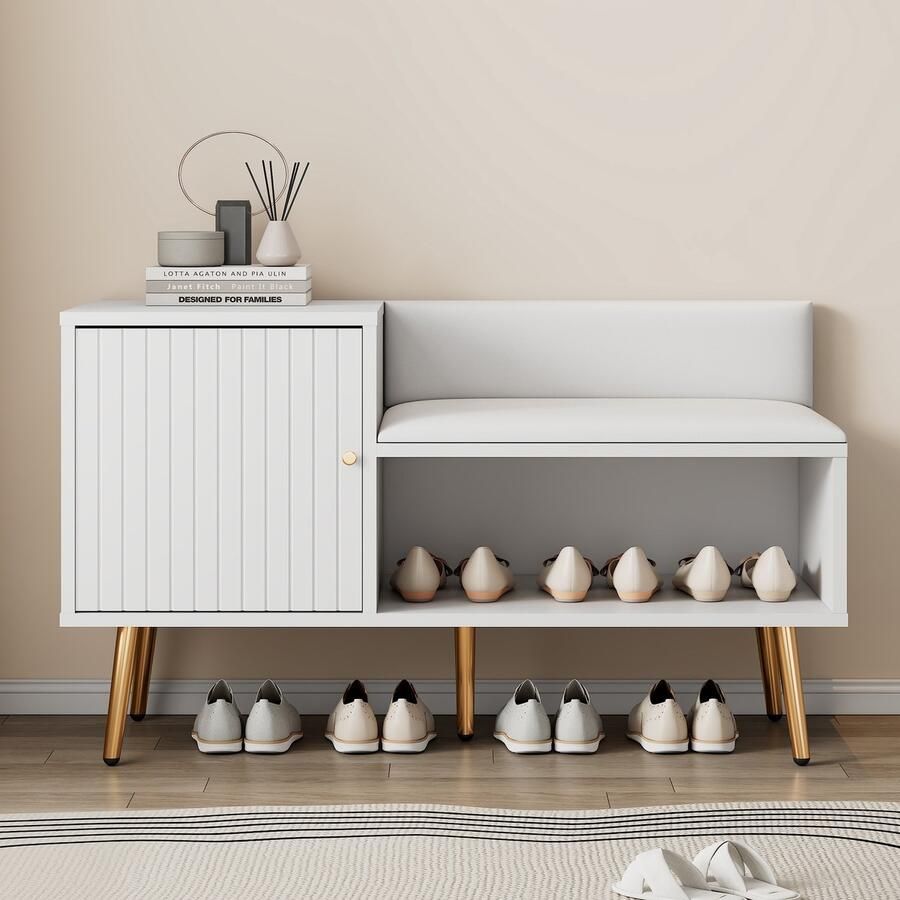 Sweiko Moderne luxe schoenenkast in wit met opbergruimte gestoffeerde bank en rugleuning schoenenrek met metalen handvatten en poten perfect voor de entree B100 T40 H58 cm