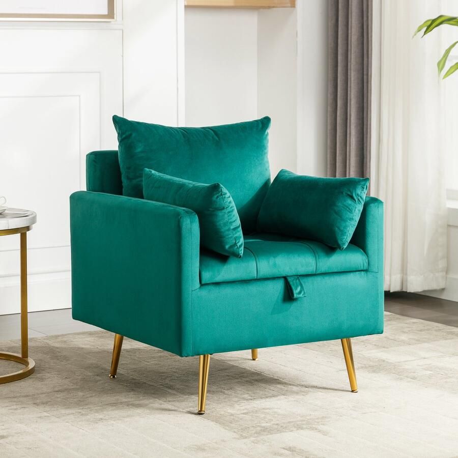 Sweiko Moderne minimalistische fluwelen stoelen fauteuils enkele sofastoelen met opbergruimte comfortabele kussens en gouden metalen poten