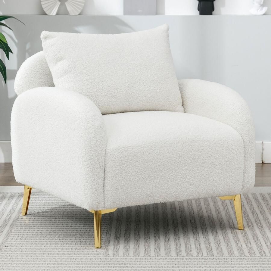 Sweiko Moderne minimalistische Teddy fluwelen fauteuil gewatteerde casual fauteuil single person sofa stoel comfortabel rugleuning kussen gouden metalen poten