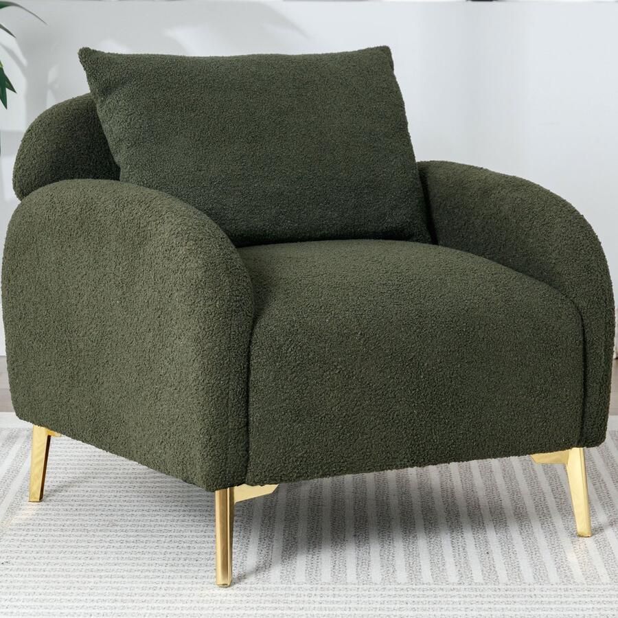 Sweiko Moderne minimalistische Teddy fluwelen fauteuil gewatteerde casual fauteuil single person sofa stoel comfortabel rugleuning kussen gouden metalen poten