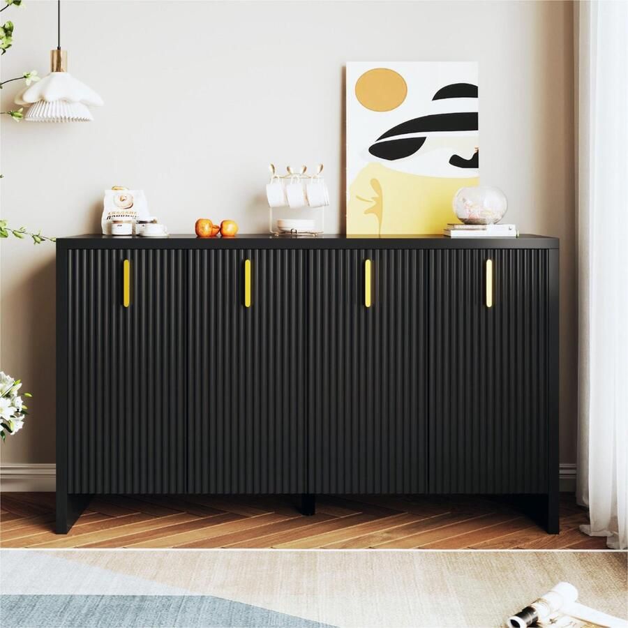 Sweiko Moderne Minimalistische Zwarte Dressoir 4 deuren met Gouden Handgrepen en Verstelbare Scheidingswanden Flexibele Opbergruimte en Elegant Design