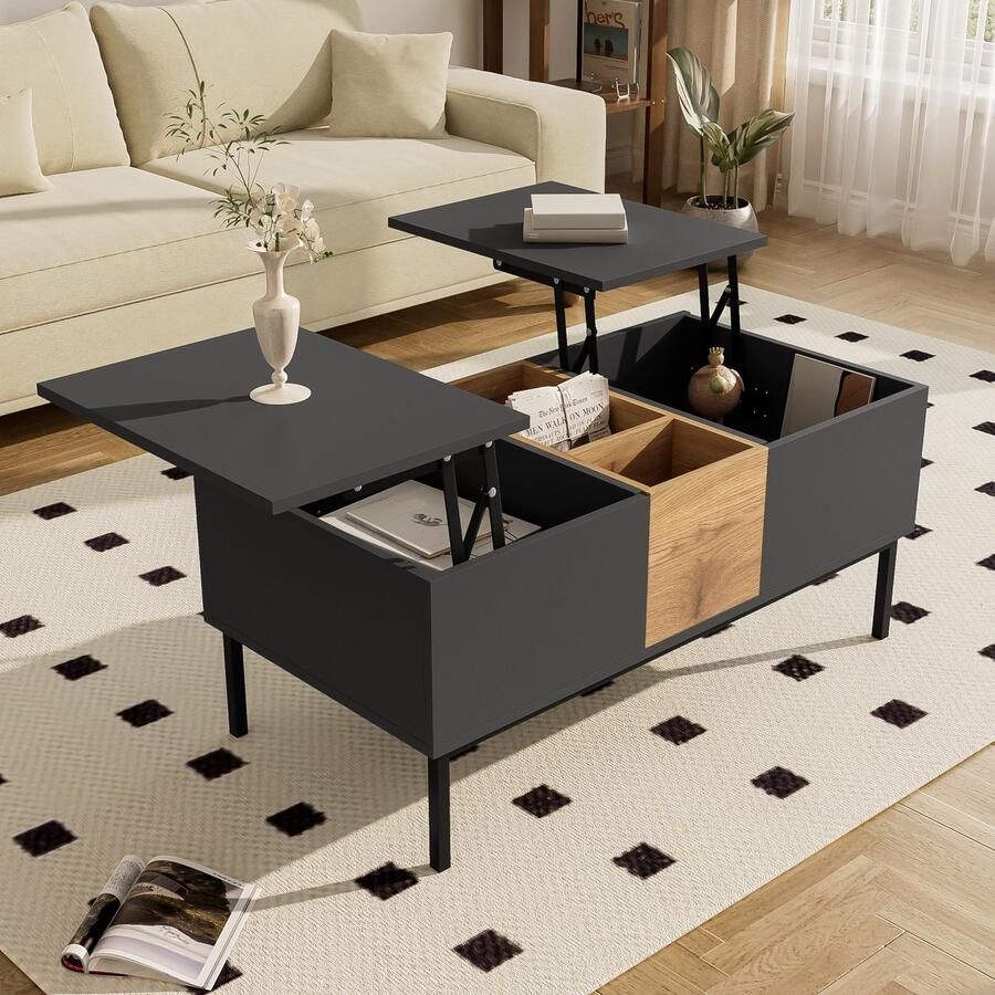 Sweiko Moderne salontafel Verstelbaar tafelblad Houtlook In hoogte verstelbaar 100x50 cm Donkergrijs