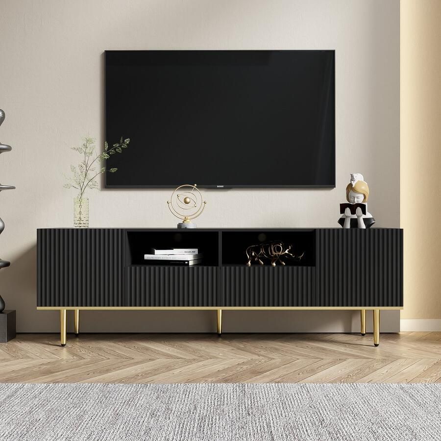 Sweiko Moderne TV kast Lade kast Opslagkast Met laden Gouden decoraties gouden poten en gouden randen TV meubels Zwart