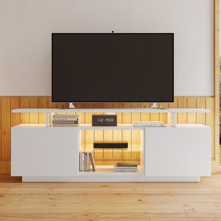 Sweiko Moderne Witte TV Kast met 16-kleuren LED verlichting 140cm lang Stijlvolle opbergkast voor 60-inch TV Hoogglanzende deurbladen met glazen compartimenten