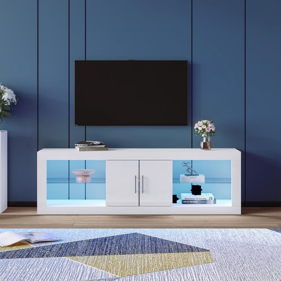 Sweiko Moderne witte TV Kast voor 60-inch TV's; 16-kleuren LED Bluetooth-bediening; glanzende kastdeuren verstelbare planken stille scharnieren stijlvolle opbergkast