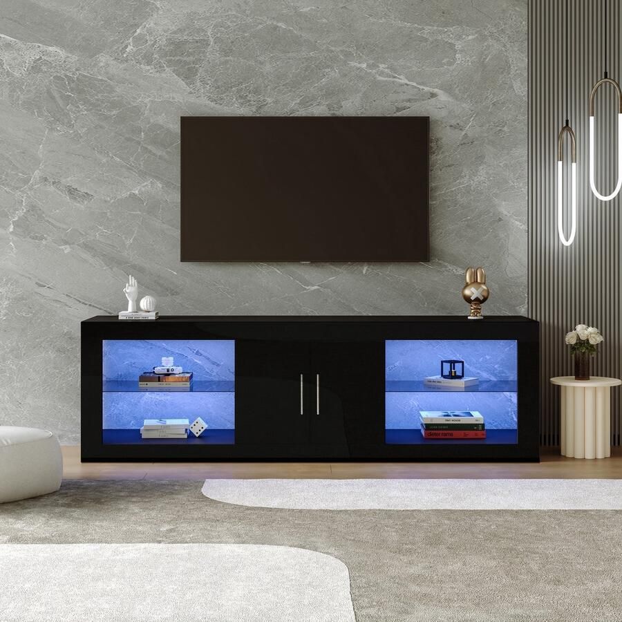 Sweiko Moderne Zwarte TV Kast voor 60-inch TV's; 16-kleuren LED Bluetooth-bediening; glanzende kastdeuren verstelbare planken stille scharnieren stijlvolle opbergkast