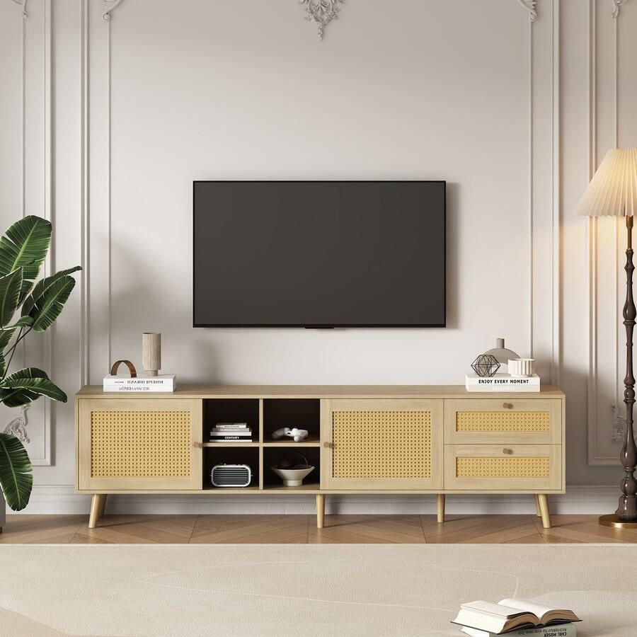 Sweiko Modieuze houten rotan TV kast en lade kast 180x40x55cm met 2 rotan deuren en 2 rotan laden geschikt voor 80 inch televisies