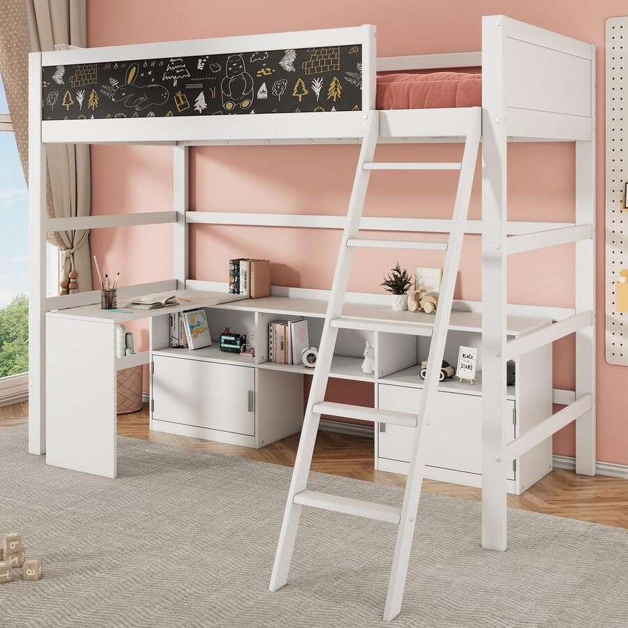 Sweiko Multifunctioneel Kinderbed met Activiteitentafel 90x200 cm Wit Houten Plank en lint opbergkast ladder eenpersoonsbed wieg geen matras