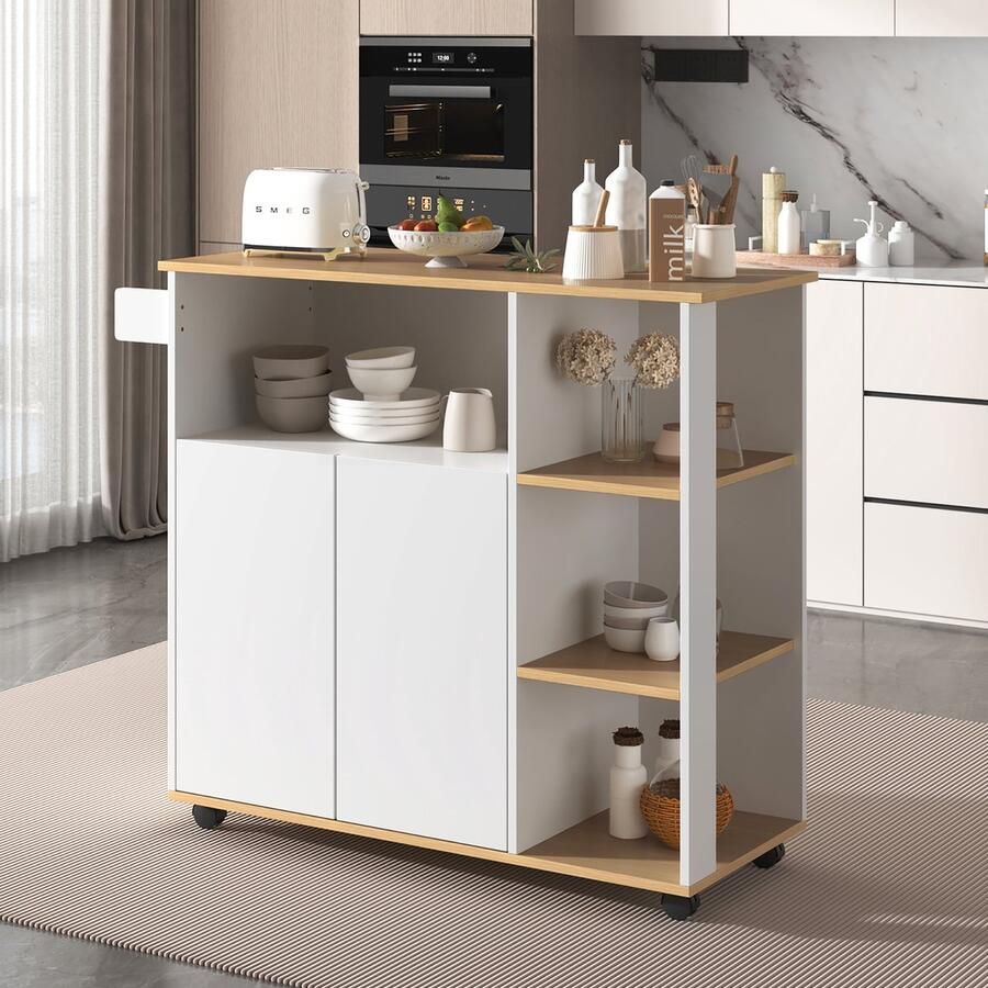 Sweiko Multifunctionele Eetwagen Dressoir 360° Roterende Massieve Houtdeeltjes met remwielen Wit twee deurplanken magnetron ruimte geschikt voor keuken en restaurant L105xB38xH84cm