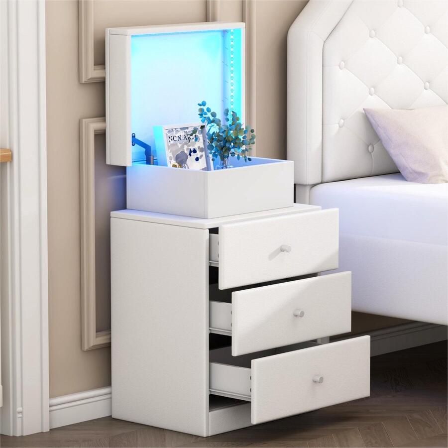 Sweiko Nachtkastje met 16-kleurige lichtstrips 3-lades en een doos opbergruimte in de woonkamer en slaapkamer PU Wit