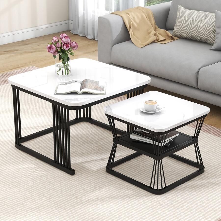 Sweiko Nesting Salontafel Set van 2 Marmerlook Hoogglans Wit + Zwart