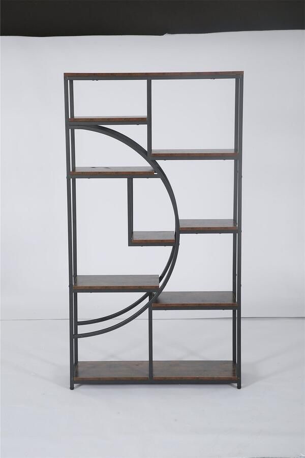 Sweiko Onafhankelijke boekenkast 95cm lang x 30cm diep x 175cm hoge boekenkast met 9 open boekenkasten Zwart metalen frame en landelijk Bruin bord