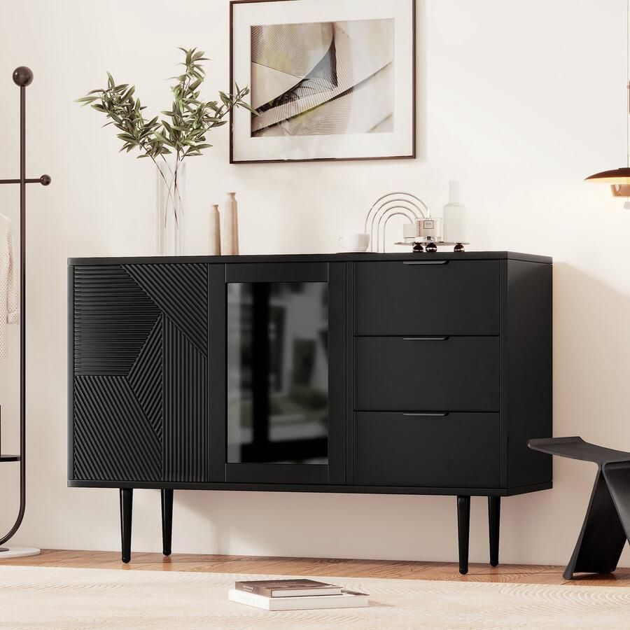Sweiko Opbergkast met 3 laden en 2 deuren met metalen poten en glazen deuren Zwart 120 x 38 x 79.5 cm - Foto 2