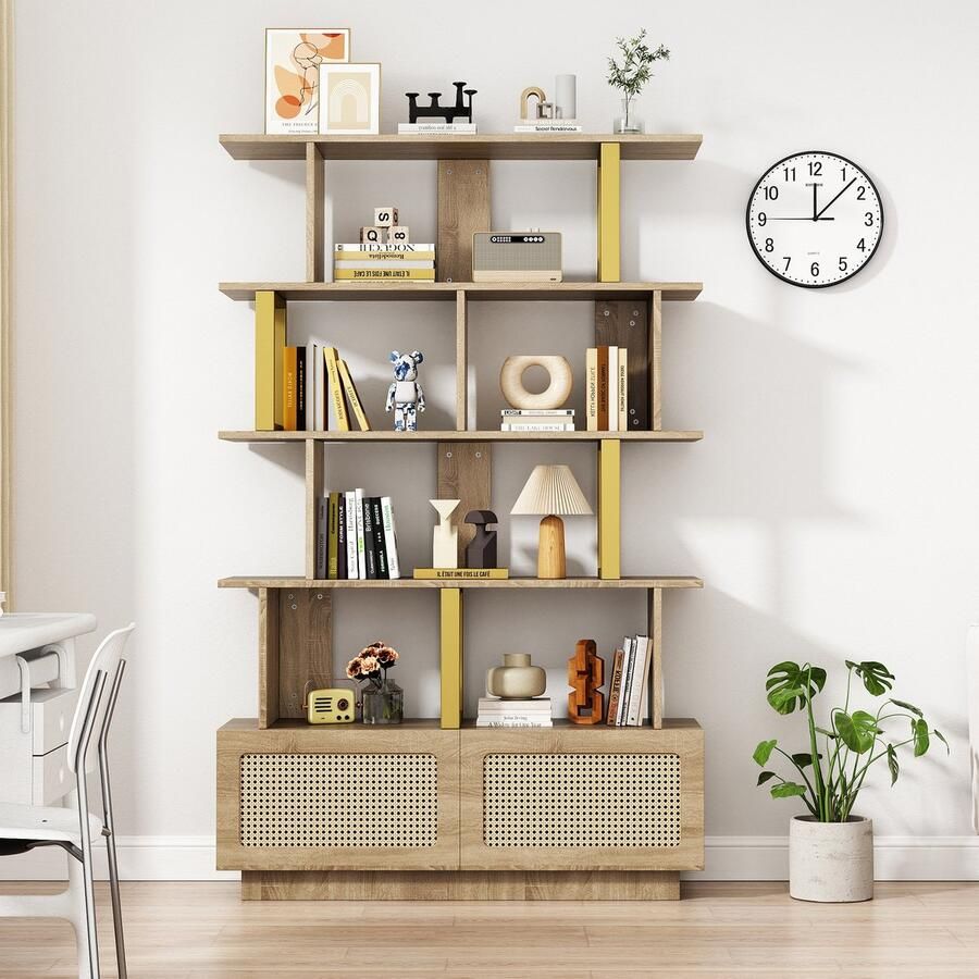 Sweiko Open boekenkast met 2 rotan deuren en veiligheidsinrichting vitrine 105x31 7x160 cm natuurlijke houtkleur