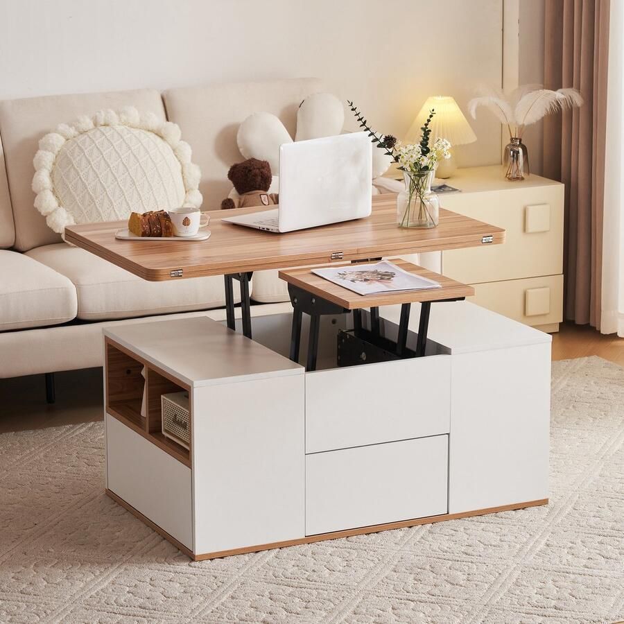 Sweiko Ophefbare Multifunctionele Salontafel met 2-lades Tafelblad opent naar 2 Tafels Wit en originele houtkleur Grote capaciteit Moderne woonkamer meubels kantoor eettafel Multifunctionele tafel