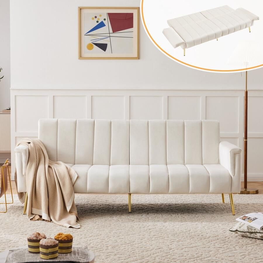 Sweiko Opklapbare slaapbank met hulppoten modern ontwerp fluwelen stof geschikt voor woonkamer slaapkamer thuisbioscoop beige