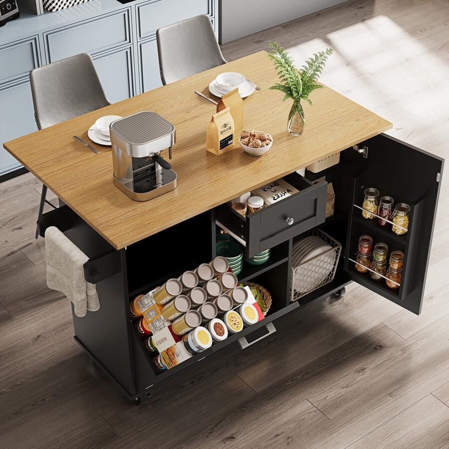 Sweiko Opvouwbare Eettafel Keukeneiland Dressoir Met snackplank Natuurlijke houtnerf Zwart