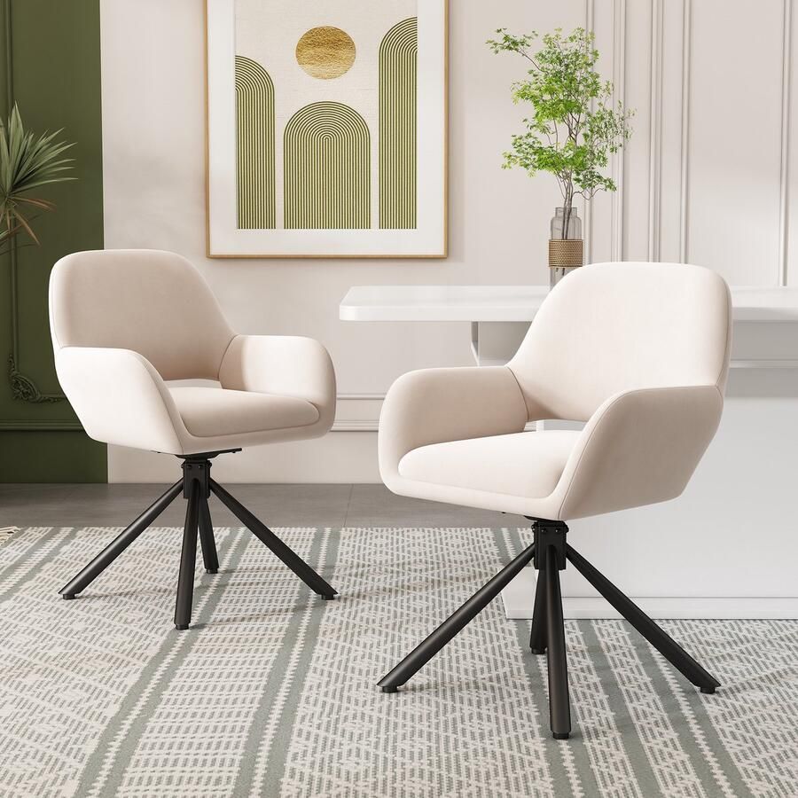 Sweiko Restaurant stoelen 2-delige set (excl. tafel) van fluwelen stof 360° draaibaar met armleuningen modern en minimalistisch eetkamerstoelen beige kleur