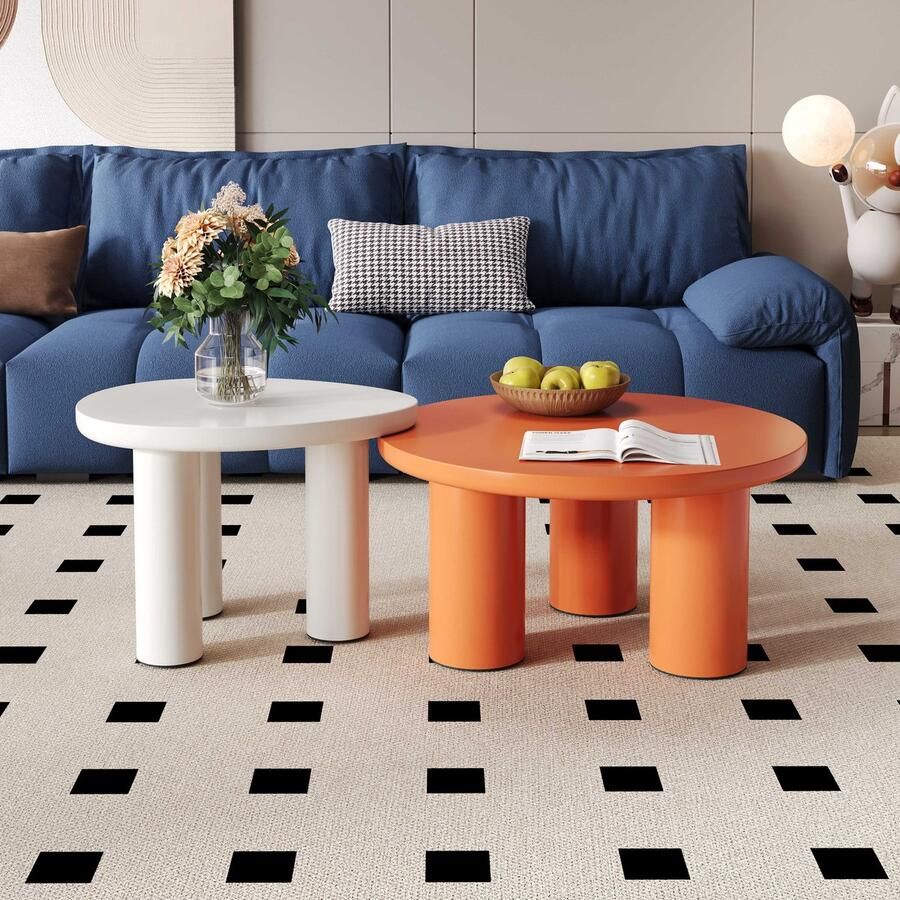 Sweiko Rond en blad salontafel set gelakt MDF tafelblad en PVC poten creme en oranje stijl salontafel set woonkamer bijzettafel