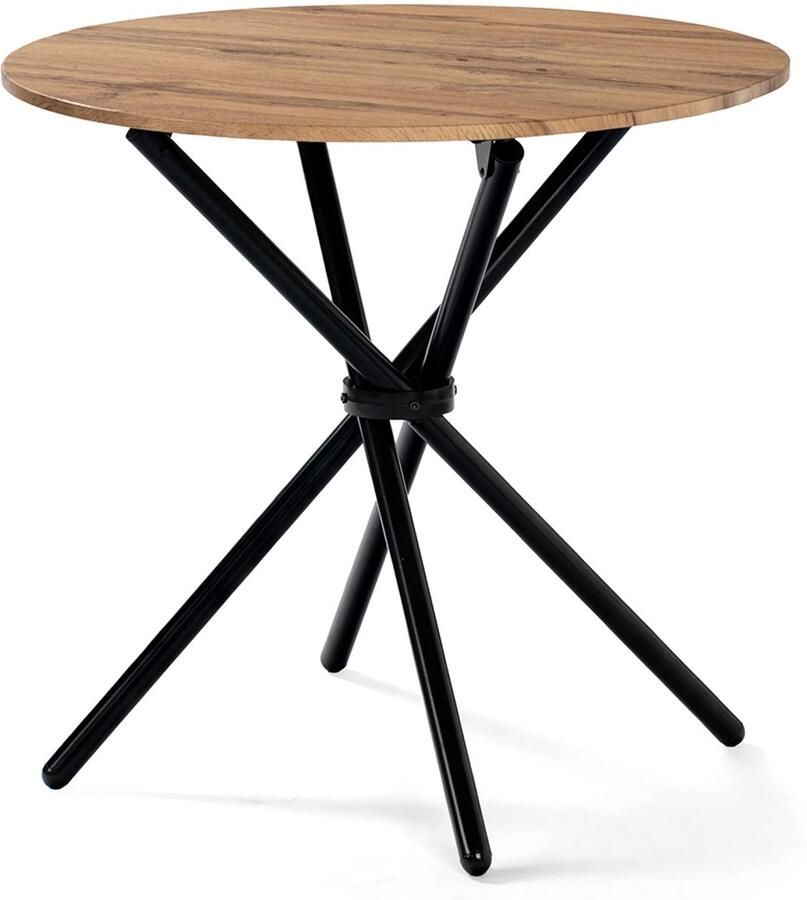 Sweiko Ronde Eettafel 80*80cm Houten graan tafelblad Gekruiste metalen poten Bruin