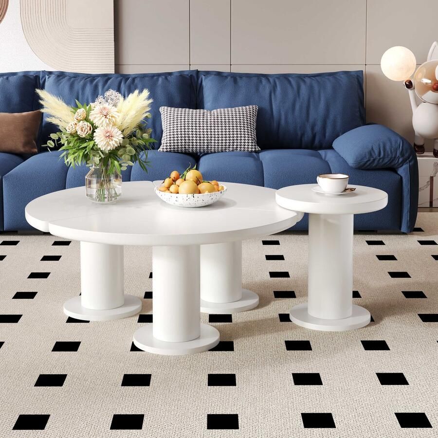 Sweiko Ronde salontafel set gelakt MDF tafelblad en PVC poten witte salontafel set in crème stijl 39 8 x 39 8 x 42 2 + 100 x 100 x 40 cm