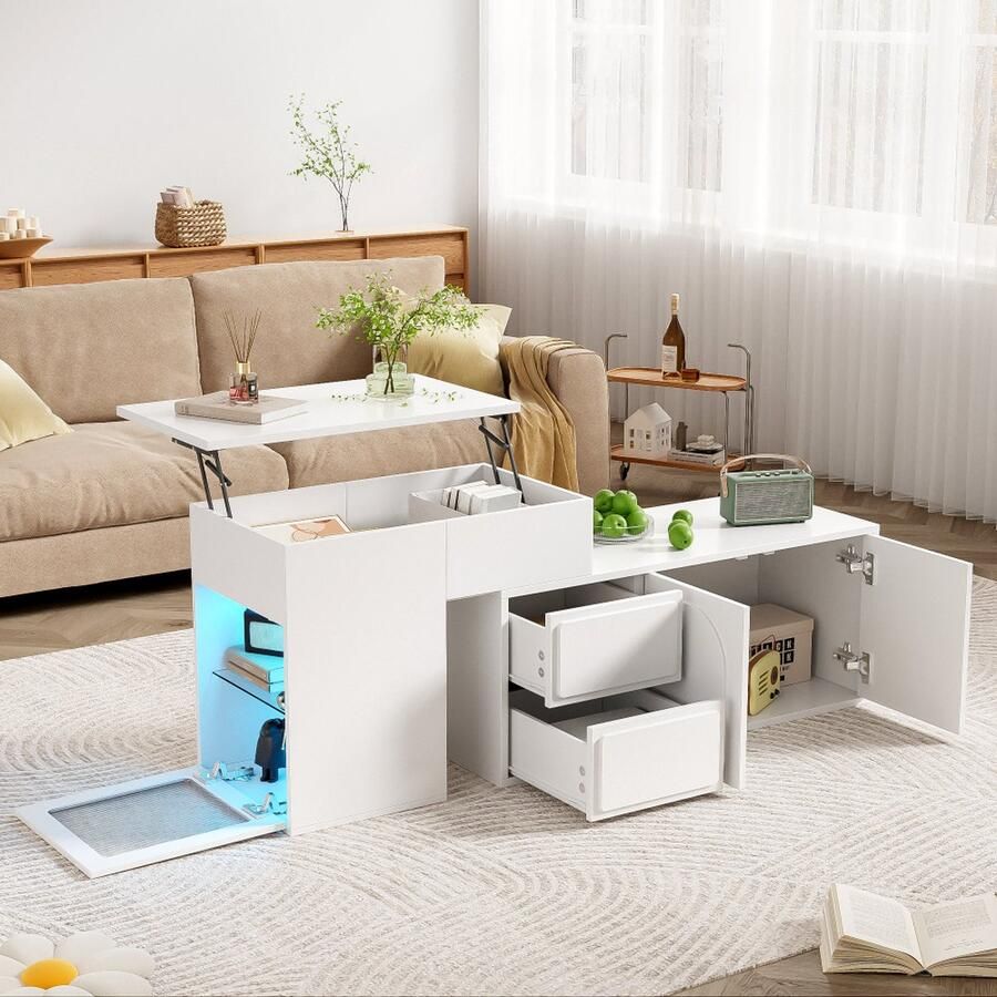 Sweiko Salontafel 2 Laden Hoogte Verstelbaar LED Verlichting Glazen Planken Wit