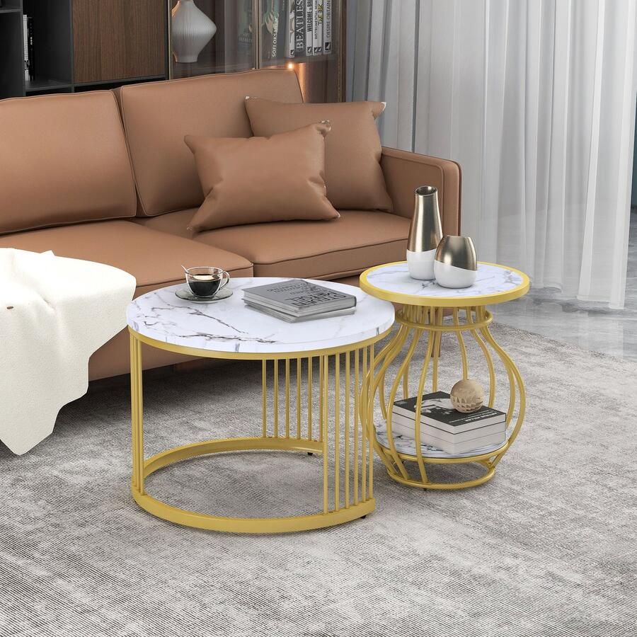 Sweiko Salontafel 2 Set ronde tafel Woonkamer Circulaire metalen frame rand tafel Woonkamer Witte moderne vouwtafel marmeren patroon platina