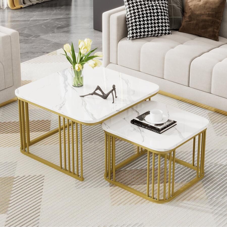 Sweiko Salontafel 2 sets Vierkante Hoogglans Marmer Optische salontafels Gouden poten 70x70x45cm en 50x50x36.5cm woonkamer tafel Wit+Goud