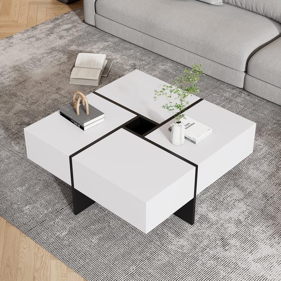 Sweiko Salontafel 70*70*35 cm met middenblad 10*10 cm belastbaar tot 30KG vierkant wit-zwart