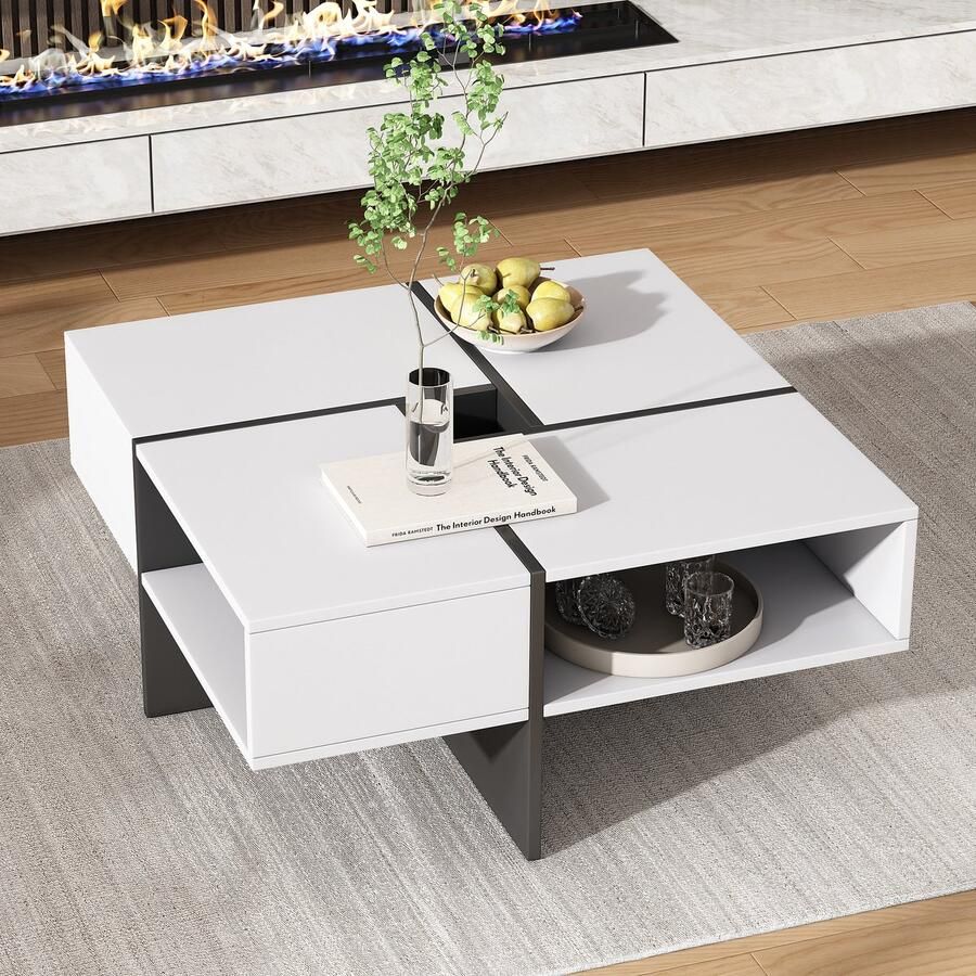Sweiko Salontafel 70x70x35cm modern vierkant zwart-wit ontwerp 5 open vakken draagvermogen 30KG wit