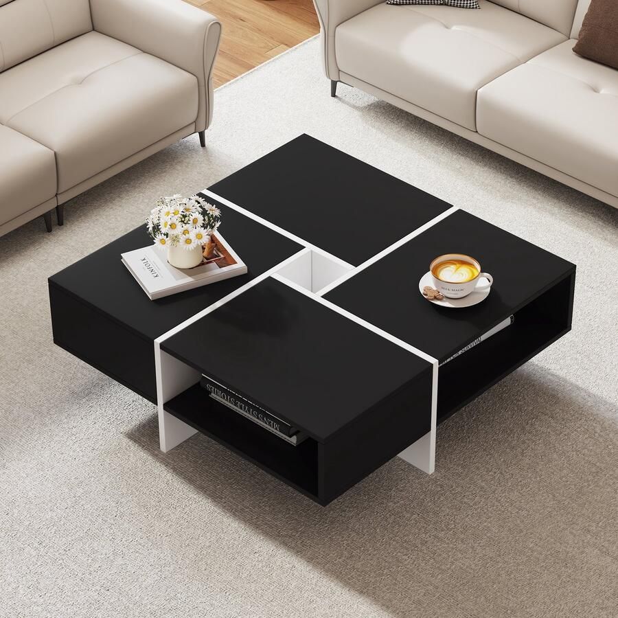 Sweiko Salontafel 70x70x35cm modern vierkant zwart-wit ontwerp 5 open vakken draagvermogen 30KG zwart