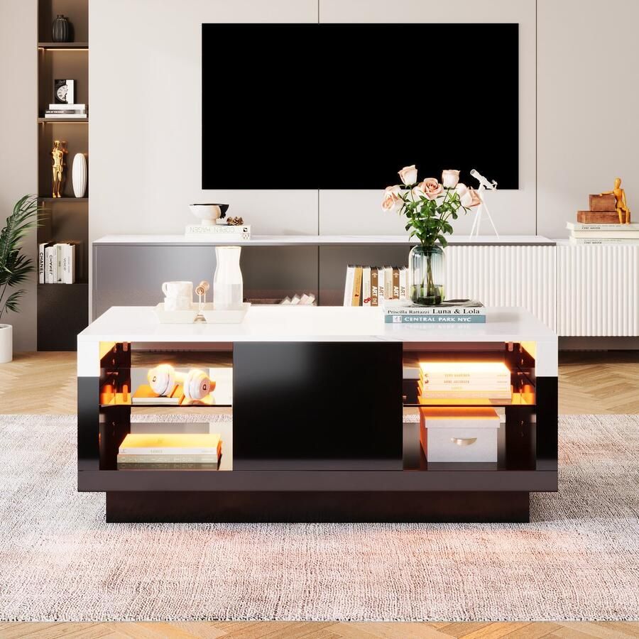Sweiko Salontafel Bijzettafel met glas en LED-effect Woonkamer tafel Witte marmerstructuur hoogglans gecombineerd met Zwarte hoogglans