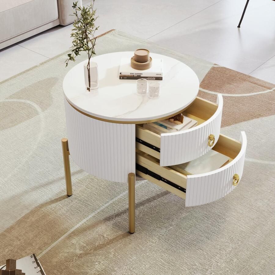 Sweiko Salontafel Bijzettafel Salontafel met Speciale Decoratieve lades Marmeren structuur gouden poten en handvatten Verstelbaar Wit