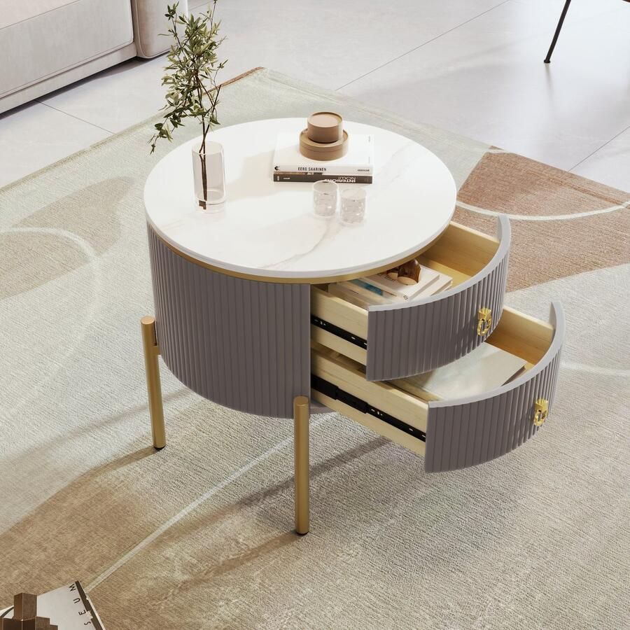 Sweiko Salontafel Bijzettafel Salontafel met Speciale Decoratieve lades Marmeren structuur gouden poten en handvatten Verstelbaar Grijs