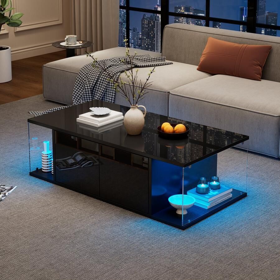 Sweiko Salontafel Hoogglans LED-verlichting 100×50×30 cm Glazen ontwerp Spaanplaat Zwart