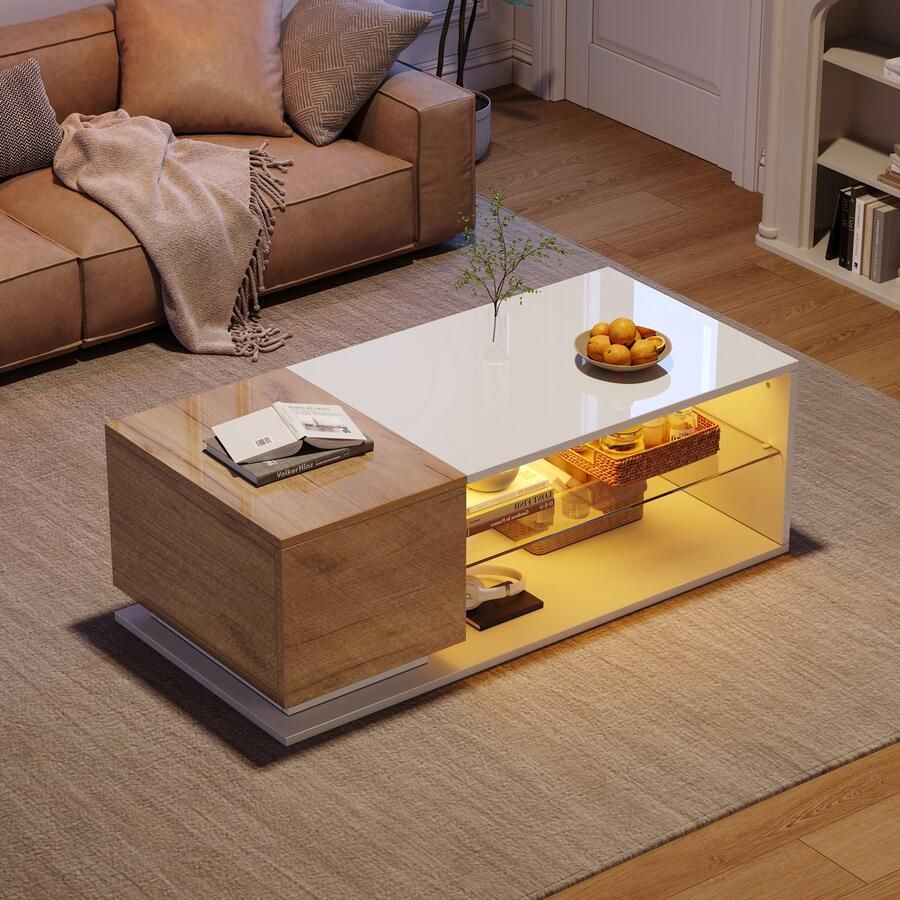 Sweiko Salontafel Hoogglans LED verlichting Glazen plank Wit + naturel