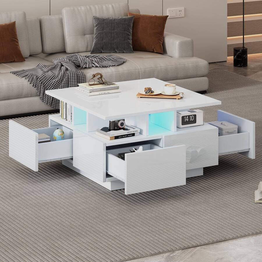 Sweiko Salontafel Hoogglans LED-verlichting met 4 lades Wit
